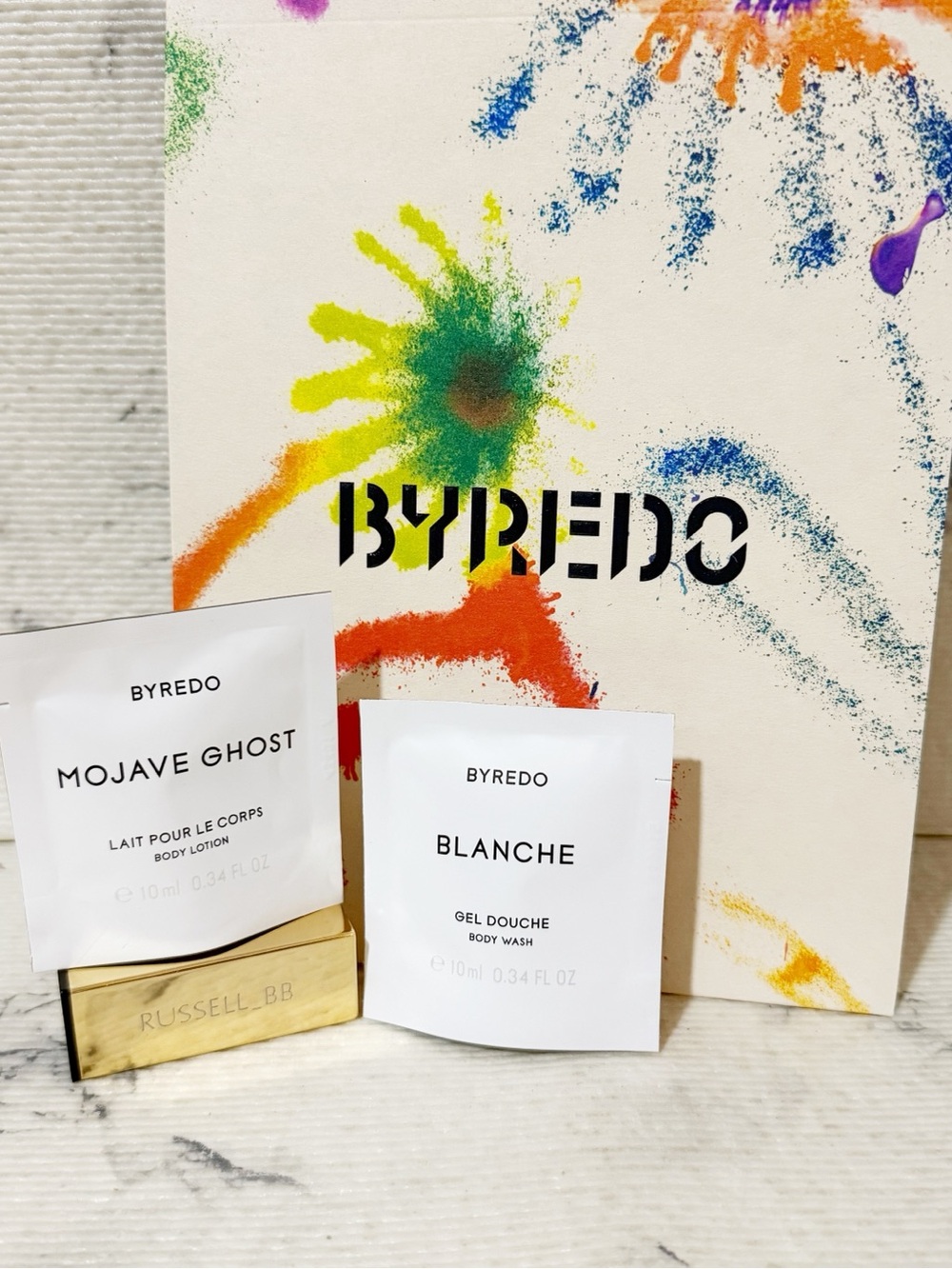 Byredo Sample Set w/ Colorful Gift Bag: Mojave Ghost Body Lotion & Blanche Wash
